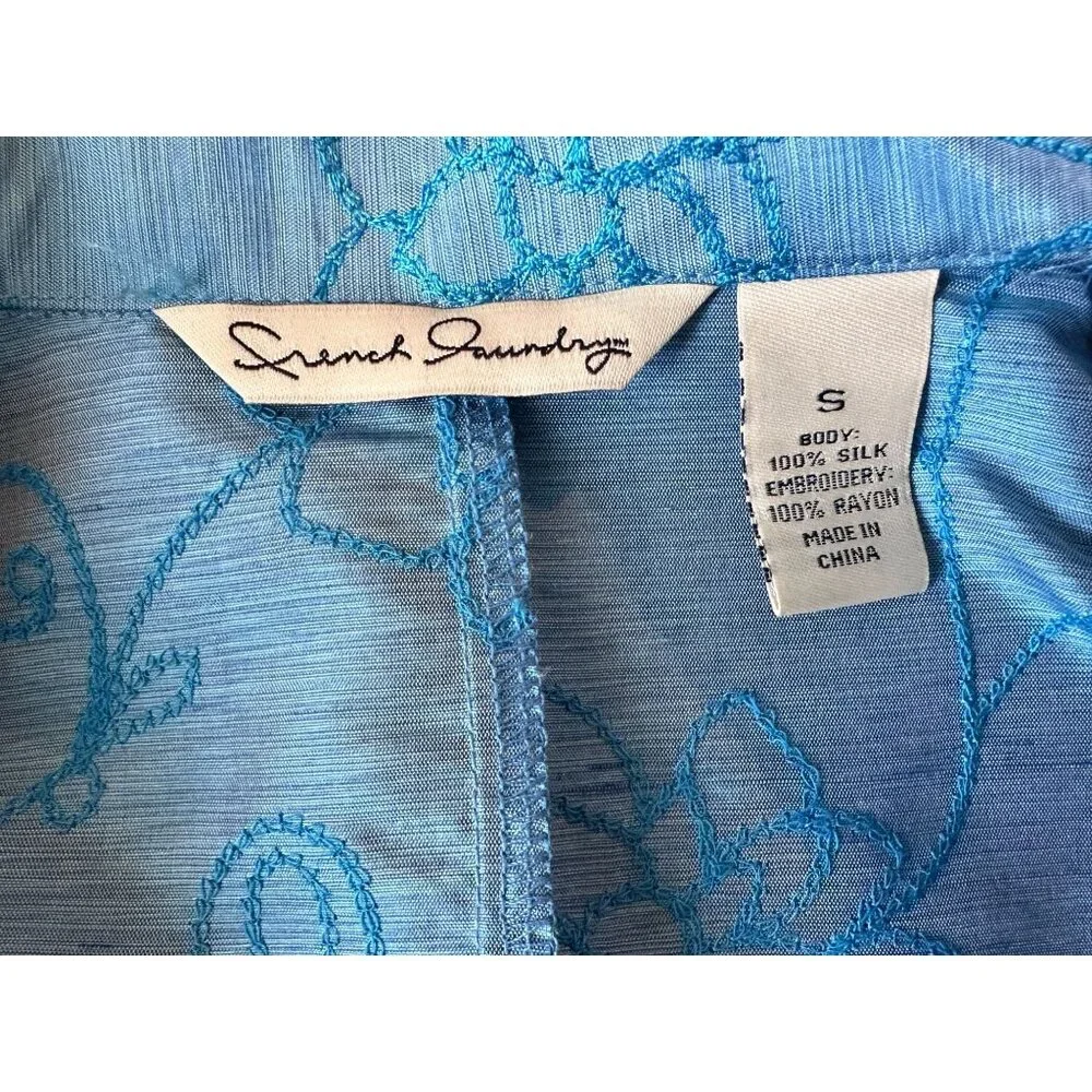French Laundry Silk Jacket Blue Floral Embroidery 3/4 Sleeve Size Small - Picture 8 of 8